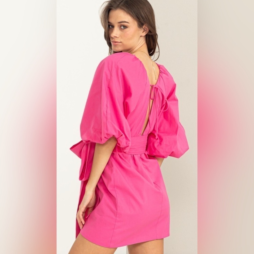Pink Puff Sleeve with Tie Belt Mini Dress Size Large - Picture 3 of 14